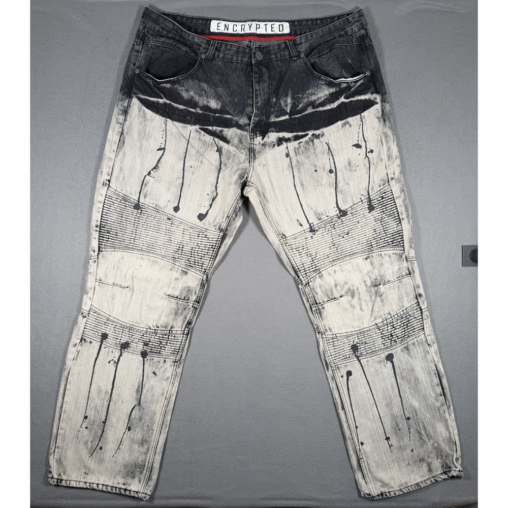 Encrypted Men Black White Paint Drip Moto Jeans 44 Streetwear Straight Leg